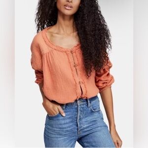 Free People Moving Mountains Oversized Shirt Long Sleeve Raw Hem Medium